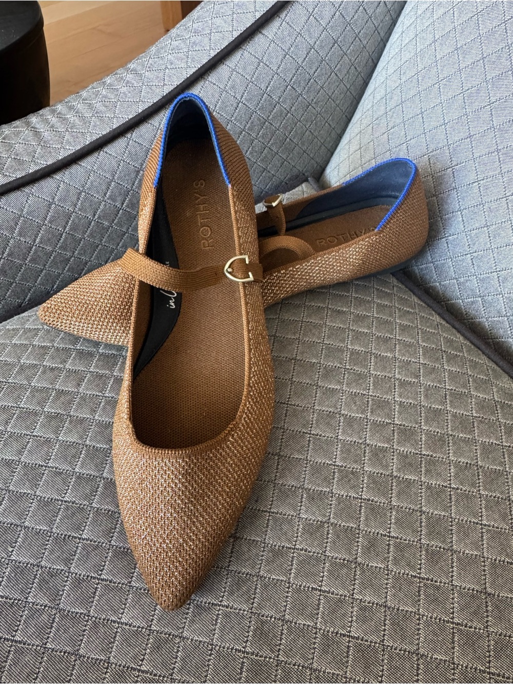 Rothy's Brown Pointed Mary Jane Flats with Gold Buckle